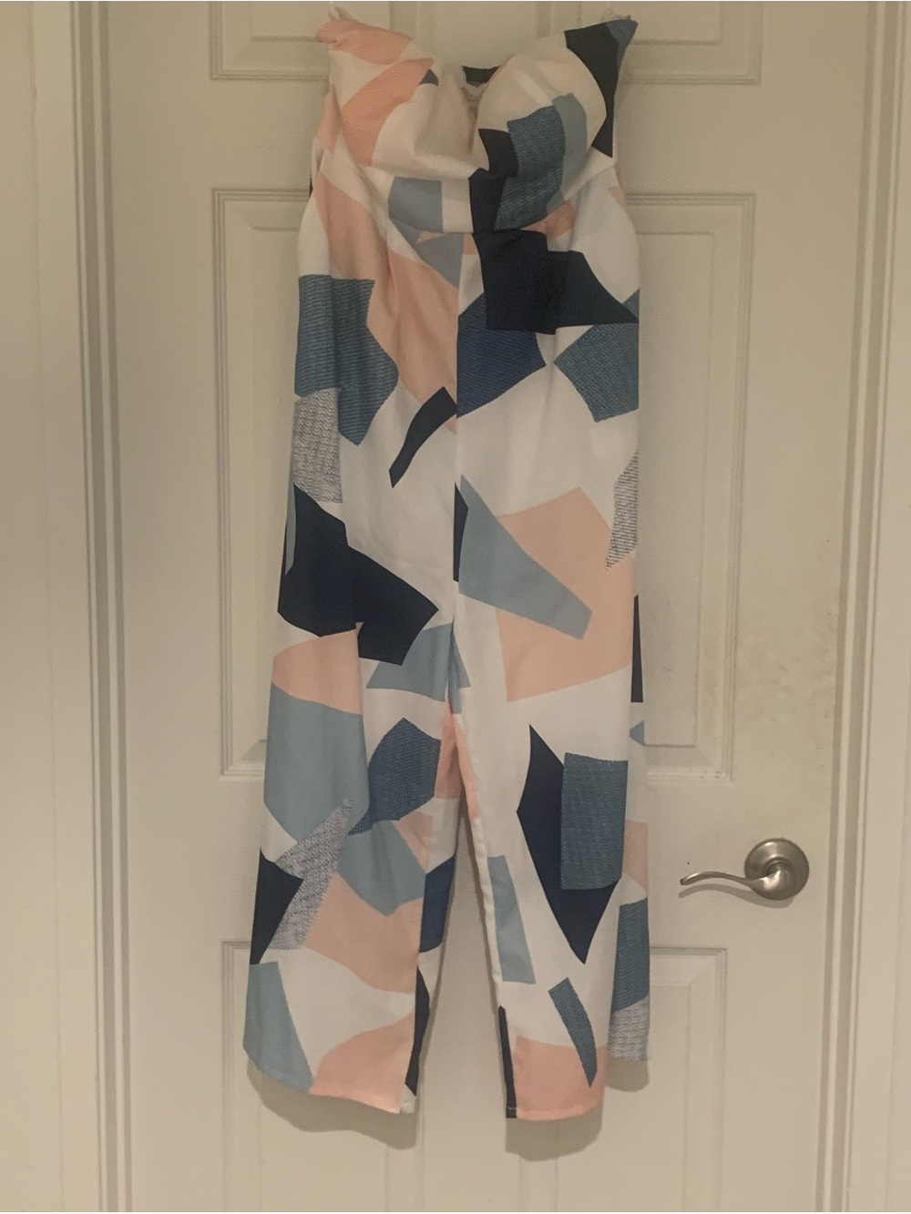 L'ATISTE Navy, Blush & Light Blue Strapless Geometric Jumpsuit